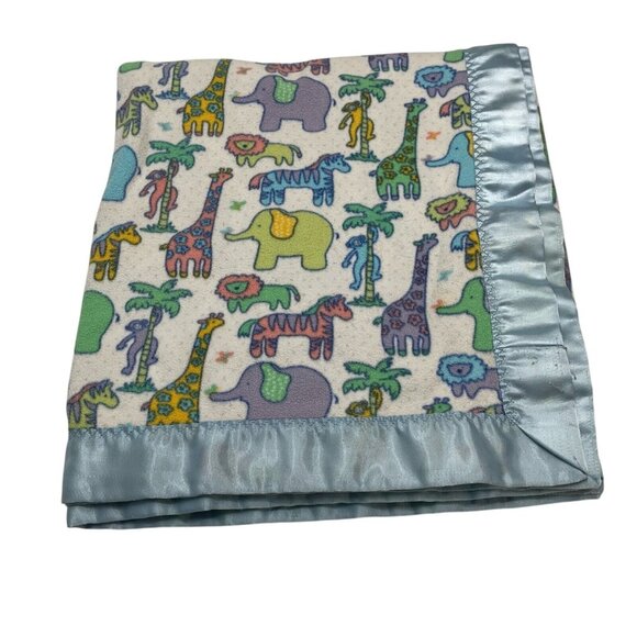 Vintage Satin Trim Blanket Baby Boy Blue Animal Print Zoo Monkey Elephant - Picture 1 of 9